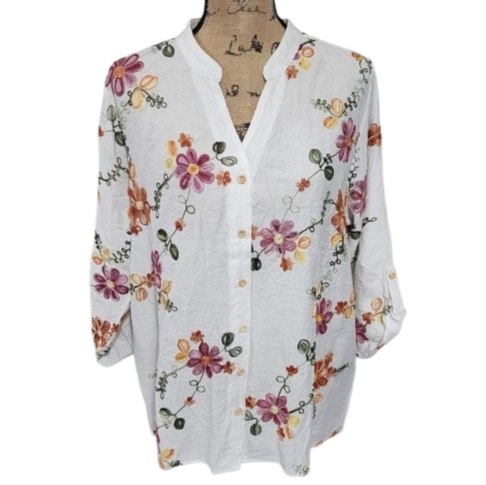 Anthropologie x Kindred orange pink & white embroidered floral boho blouse Plus